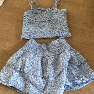 Blue Floral Smocked Crop Top and Tiered Skirt Set